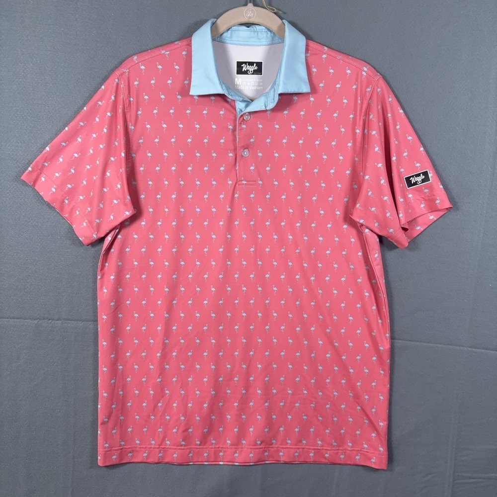 Waggle Polo Shirt Mens Sz M Pink Flamingos Stretch Performance Golf Golfer - Picture 2 of 7